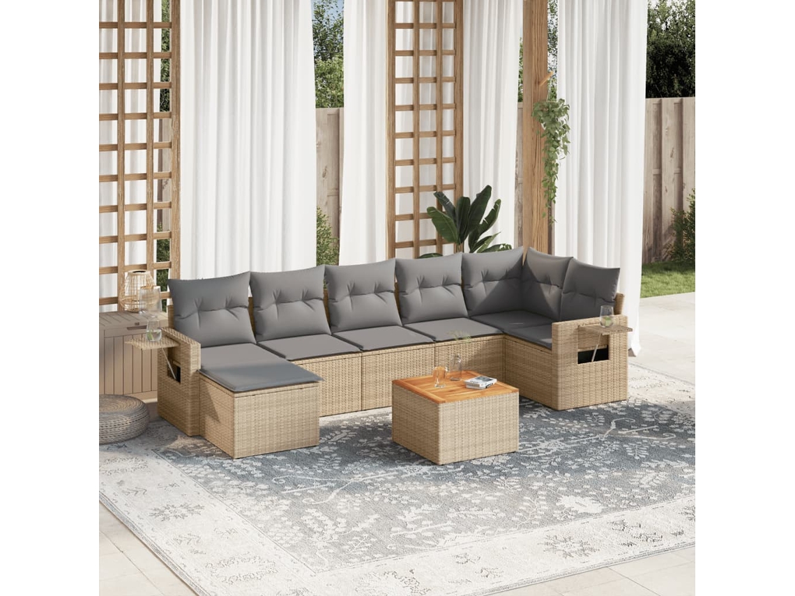 Vidaxl 8 Pcs Conj. Sofás Jardim C/ Almofadões Vime Pe Bege Misturado