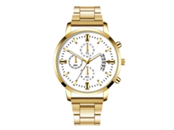 Relógio masculino de quartzo com calendário, mostrador redondo e pulseira de aço banhada a ouro branco.