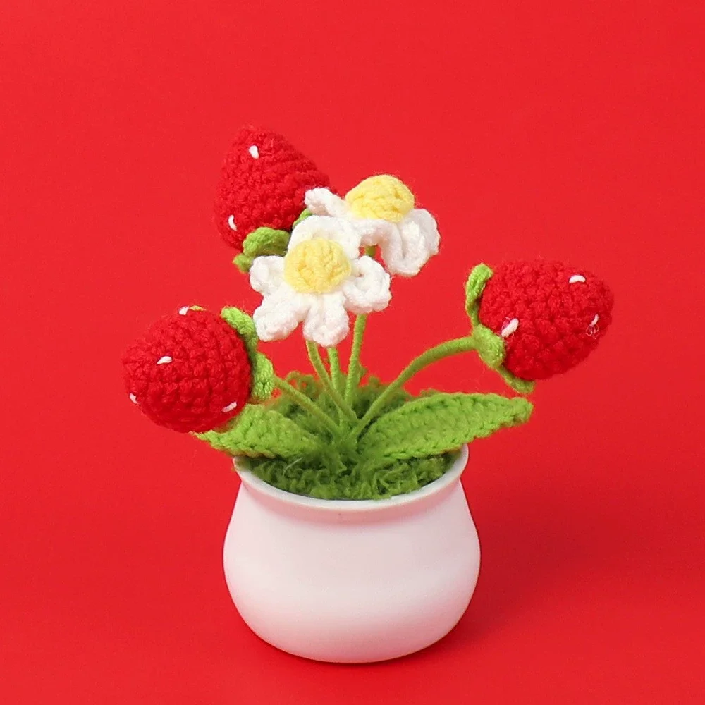 Flor De Morango De Crochê Fofa, Flor De Tricô Criativa, Planta Em Vaso