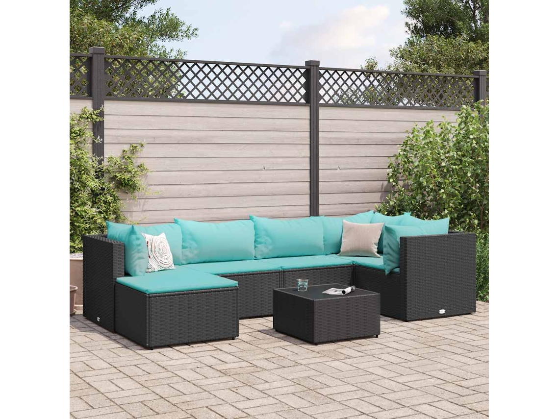 Vidaxl 7 Pcs Conjunto Lounge De Jardim C/ Almofadões Vime Pe Preto