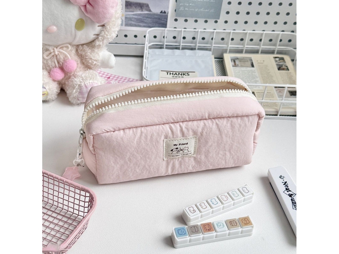 Porta-lápis Rosa-leite Estilo Coreano Amplo P/ Alunos