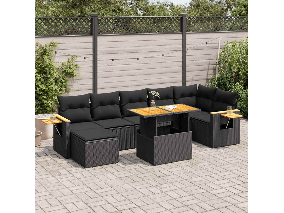 Vidaxl 8 Pcs Conjunto Sofás Jardim Com Almofadões Vime Pe/acácia Preto