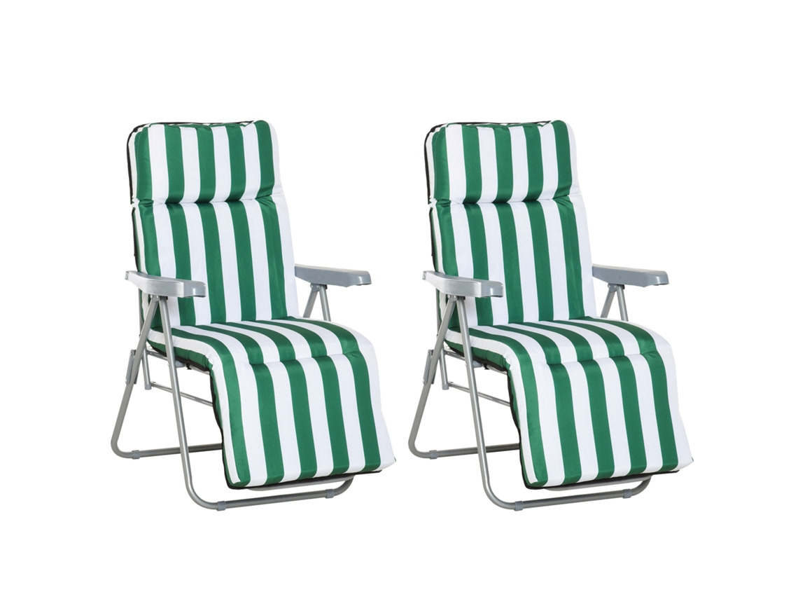 Cadeira Dobrável De Jardim, Espreguiçadeira Reclinável Com Braços, 5 Posições, Almofada Verde E Branca, 60x75x102cm Para Quintal E Varanda.