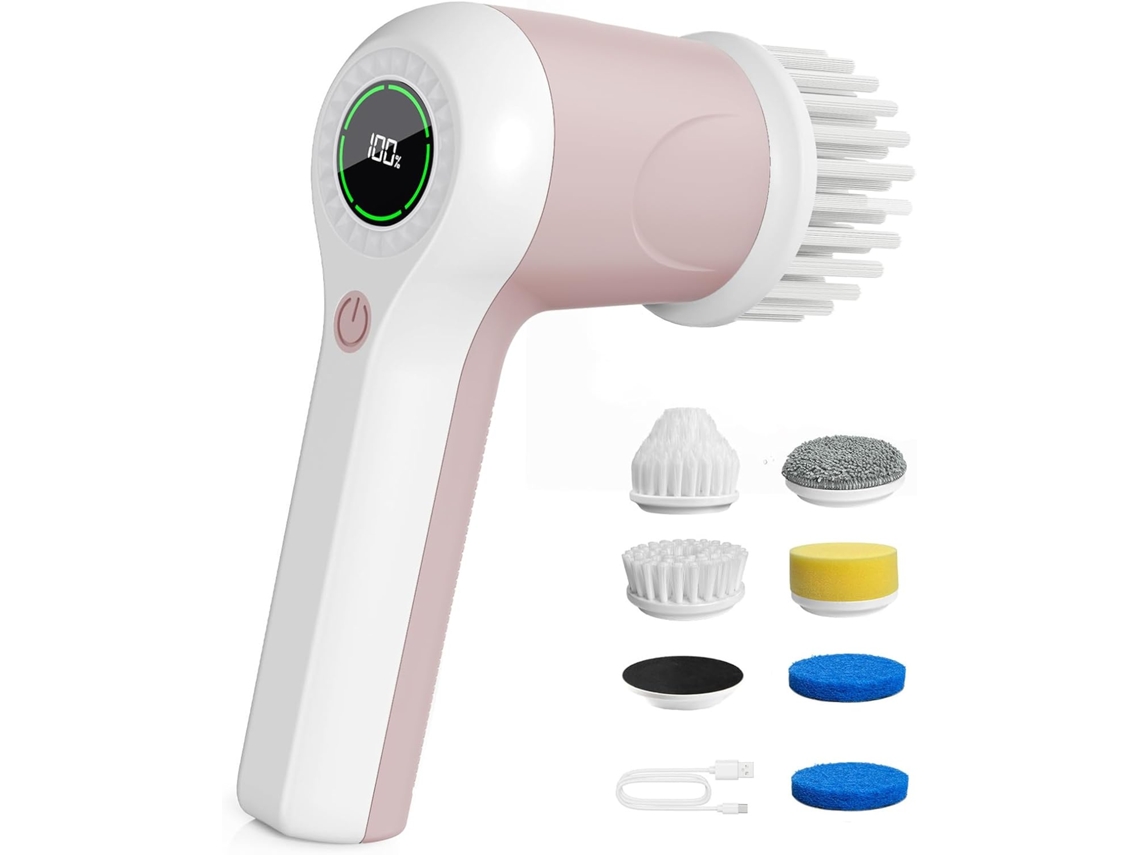 Esfregão Elétrico Giratório, Visor De Nível De Bateria, 2 Velocidades, Para Limpeza Com 6 Cabeças Substituíveis (rosa)
