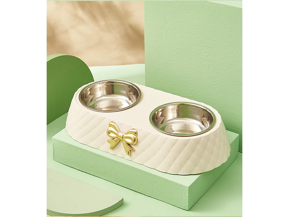 Tigela Dupla para Animais de Estimação com Laço, de Aço Inoxidável Antiderrapante, Elegante para Cães e Gatos AQUAFORGE