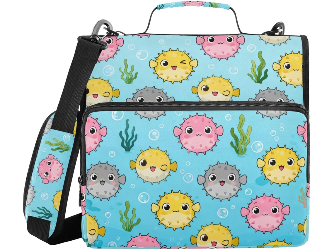 Organizador de 3 argolas com pasta para data, armazenamento e diversos bolsos, tema peixe pufe, ideal para ensino médio.