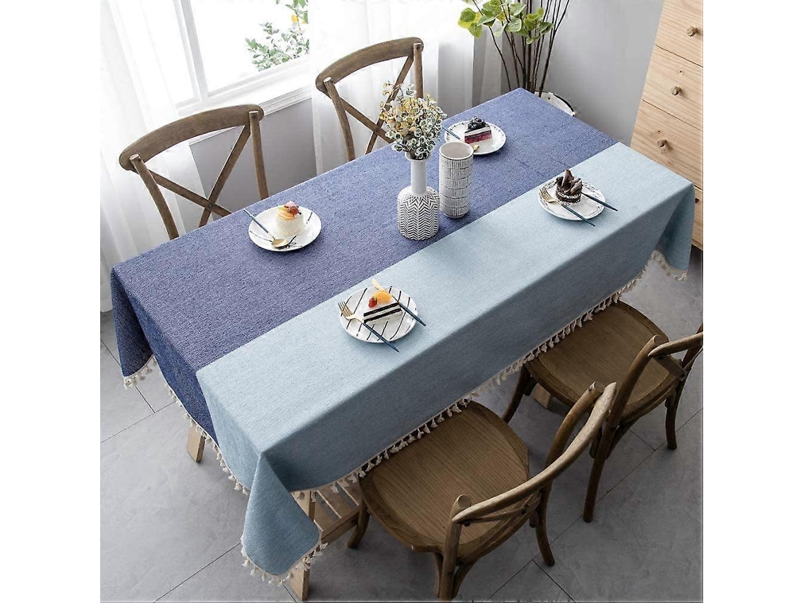 Lurelia Toalha De Mesa Quadrada Algodão Linho Branco Azul Natural 140x140cm Lavável Borlas
