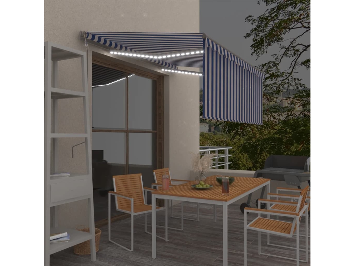 Vidaxl Toldo Automático C/ Estore/led/sensor Vento 3x2,5m Azul/branco
