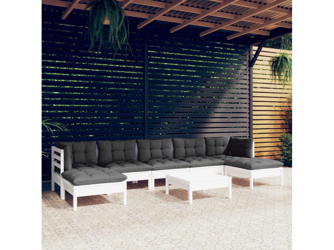 Conjunto Lounge Jardim 8 Peças C/ Almofadões Pinho Branco Dkd Home Decor