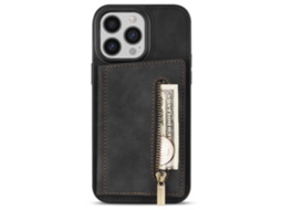 Capa Fecho Para Iphone 15 Pro Pele Sintética Preto