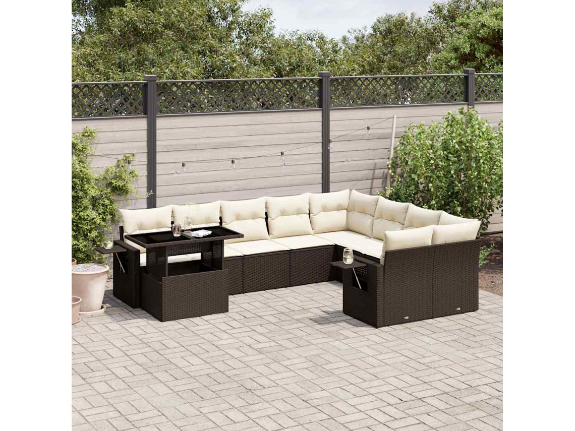 Vidaxl 10 Pcs Conj. Sofás Jardim Com Almofadões Vime Pe Castanho