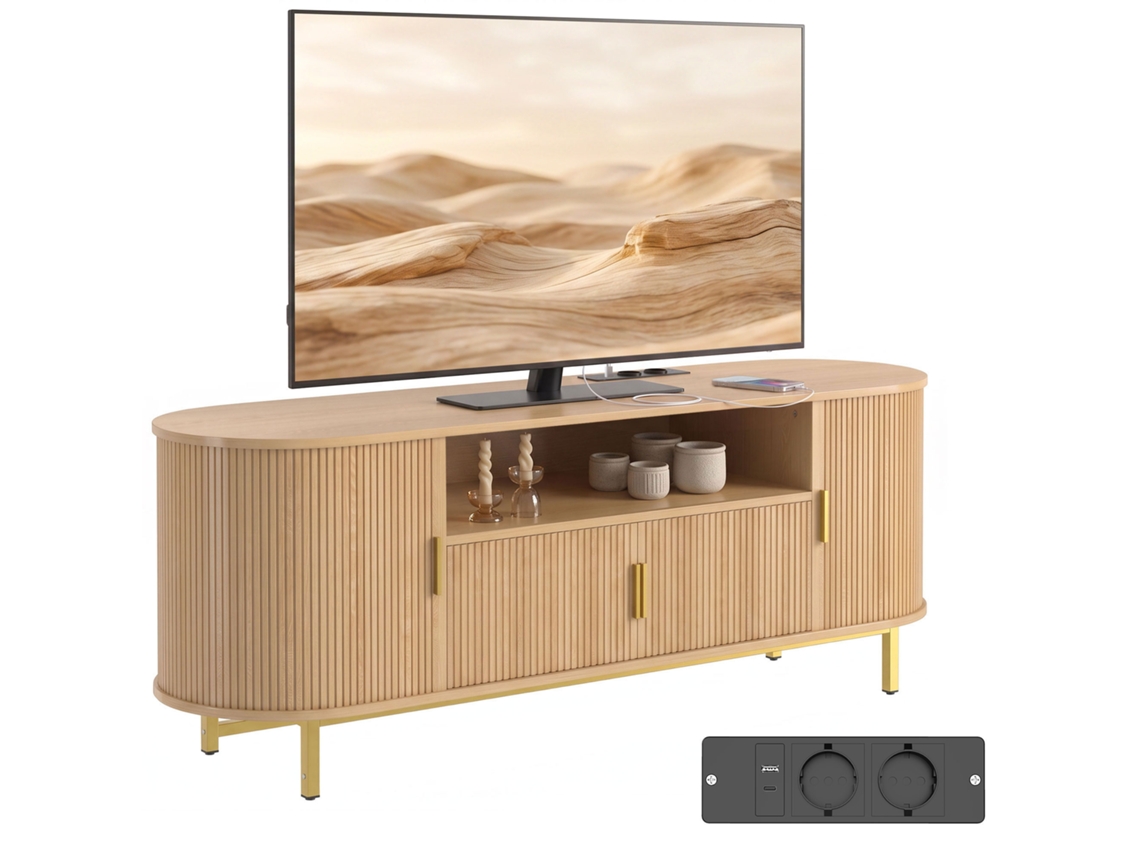 Suporte Para Tv De 140 Cm Com 2 Tomadas E 2 Portas, Móvel Para Tvs De Até 84 Polegadas, 2 Portas De Abrir 140x40x55 Cm