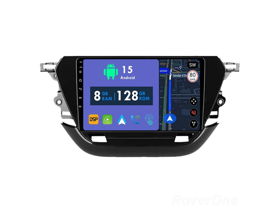 Auto Rádio Carro Bluetooth Autoradio 8GB RAM 128G ROM CarPlay Navegação GPS Ecrã Táctil RoverOne para Opel Corsa F 2019-2023  