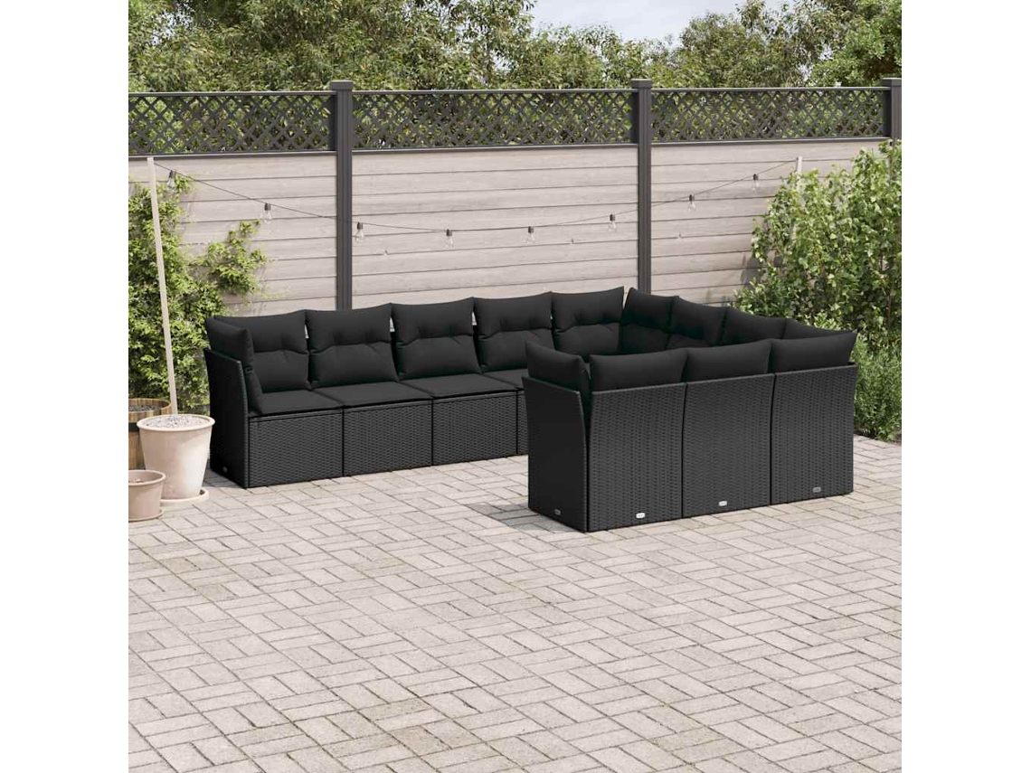 Vidaxl 10 Pcs Conjunto Sofás De Jardim C/ Almofadões Vime Pe Preto