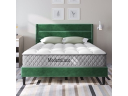 Cama Estofada 140x200 Cm - Com Estrado E Cabeceira, Cama De Casal Acolchoada, Veludo Verde Escuro