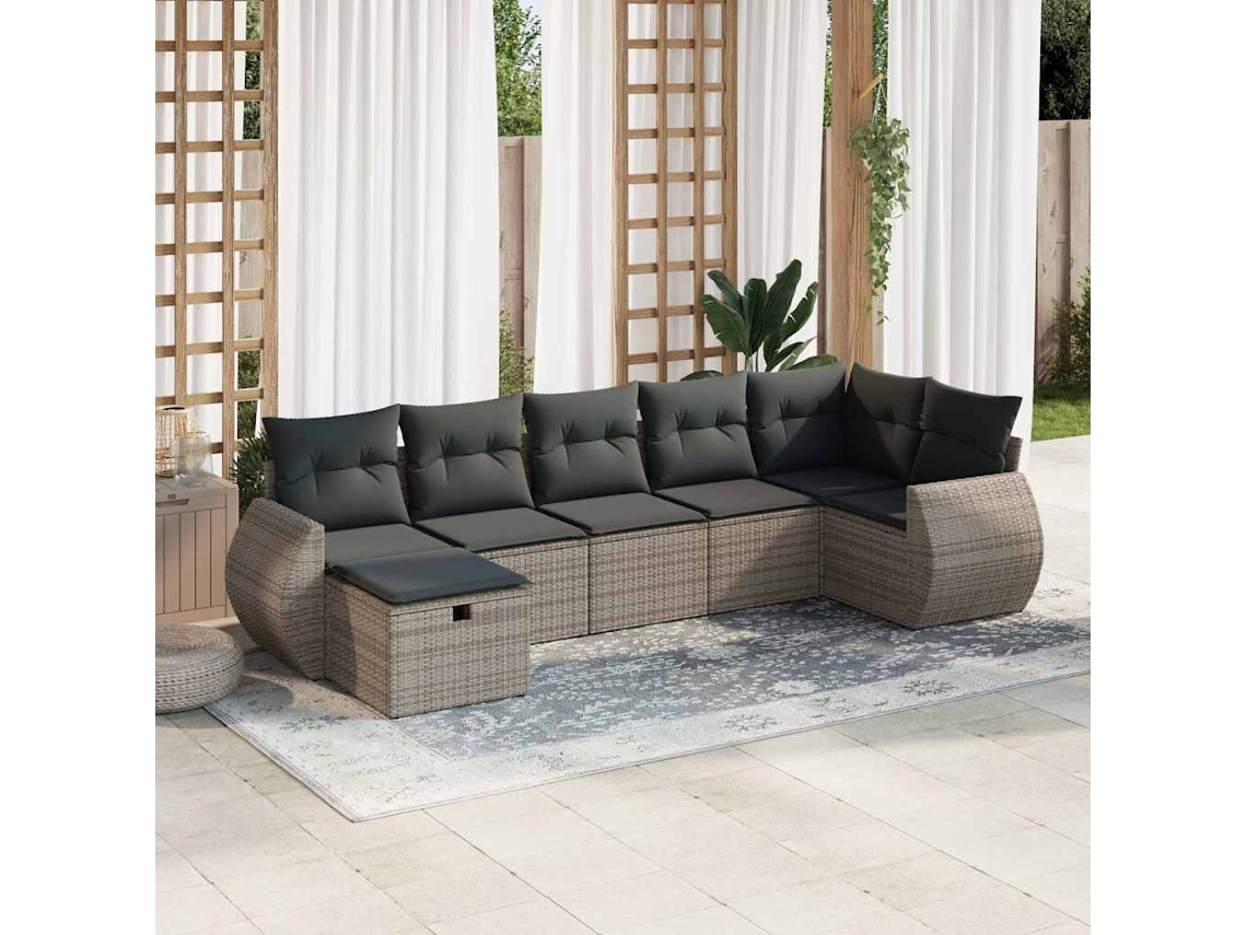 Vidaxl 7 Pcs Conjunto Sofás P/ Jardim C/ Almofadões Vime Pe Cinzento