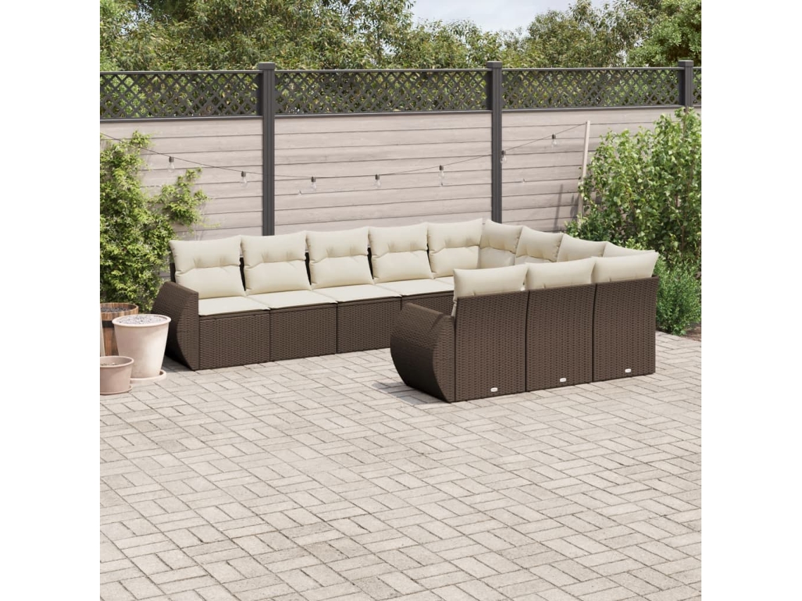 Vidaxl 10 Pcs Conj. Sofás Jardim Com Almofadões Vime Pe Castanho