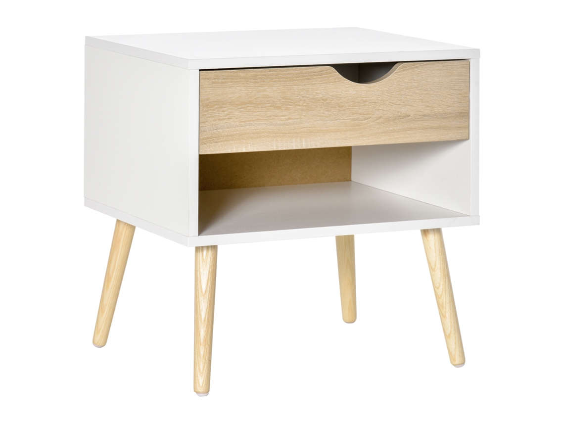 Mesa de Cabeceira com Gaveta, Design Moderno, Pés em Madeira Maciça, 50 X 39 X 51 Cm, Branca e Madeira Natural. CHEZMOI