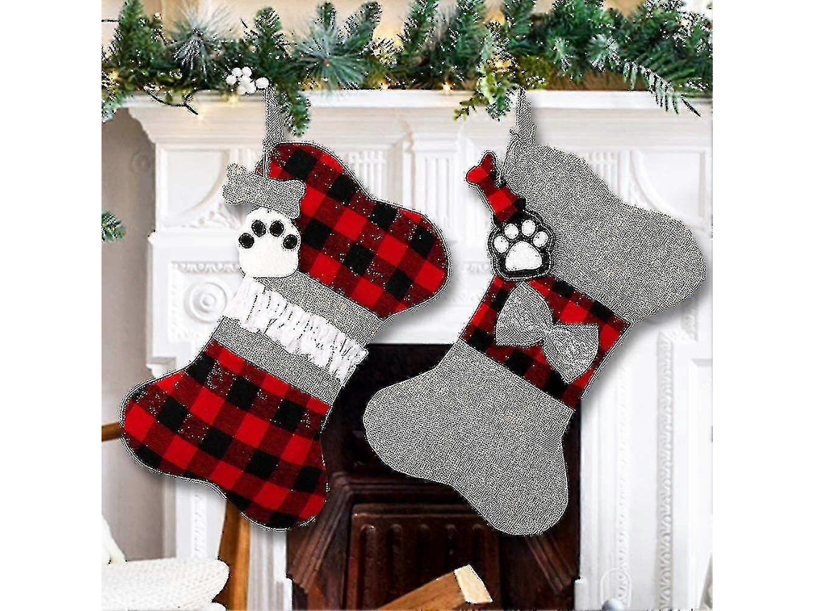 2 Meias De Natal Para Cachorro Xadrez De Serapilheira, Formato De Osso Grande, Meias Clássicas Para Pendurar Olysi Shop