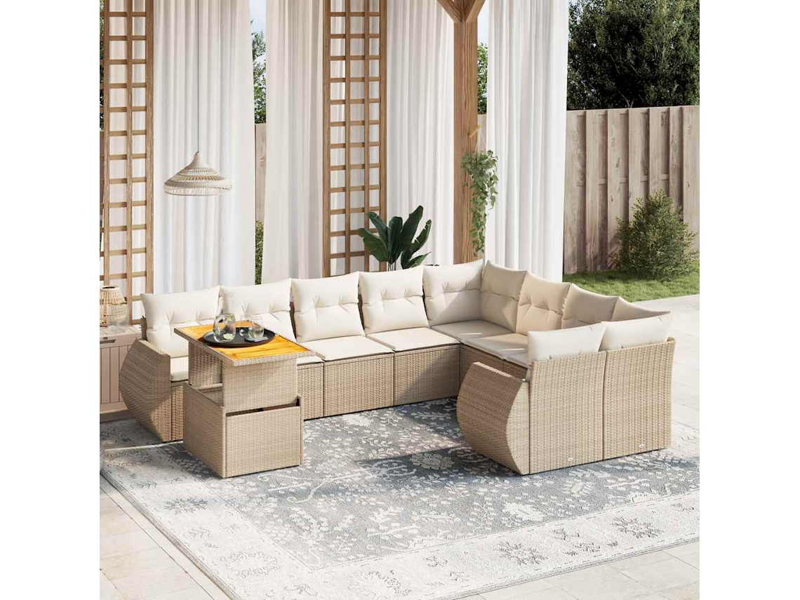 Vidaxl 10 Pcs Conjunto De Sofás P/ Jardim Com Almofadões Vime Pe Bege