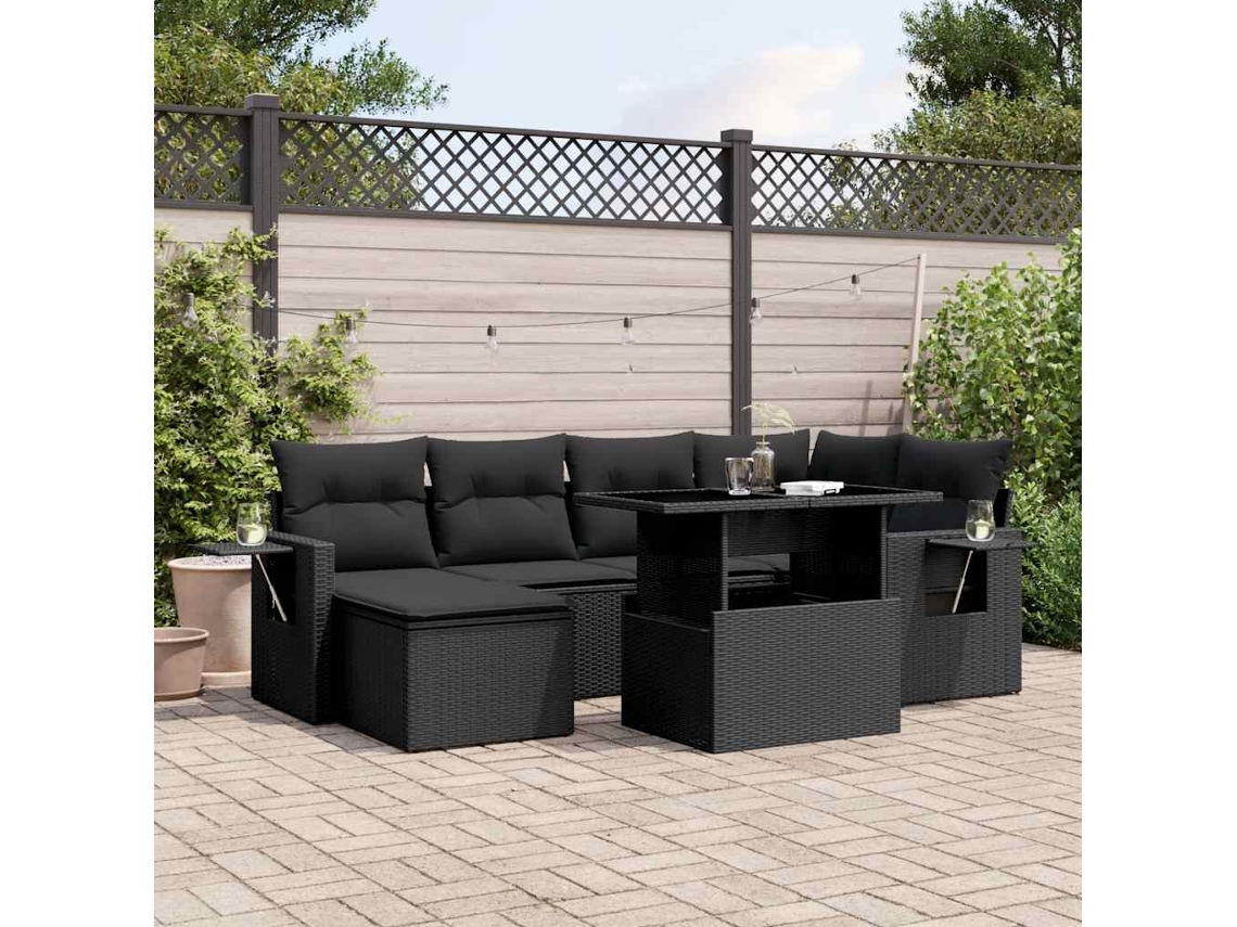 Vidaxl 7 Pcs Conjunto De Sofás P/ Jardim C/ Almofadões Vime Pe Preto