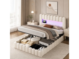 Cama Estofada Bubble Bed 180x200cm, Cama Hidráulica Com Espaço De Arrumação E Base De Ripas, Cama De Casal Com Led E Usb, Linho, Bege, Simurq