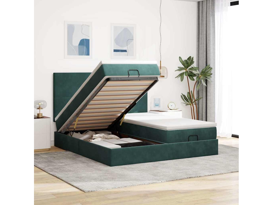 Estrutura De Cama Otomana Com Colchão Verde Escuro Veludo
