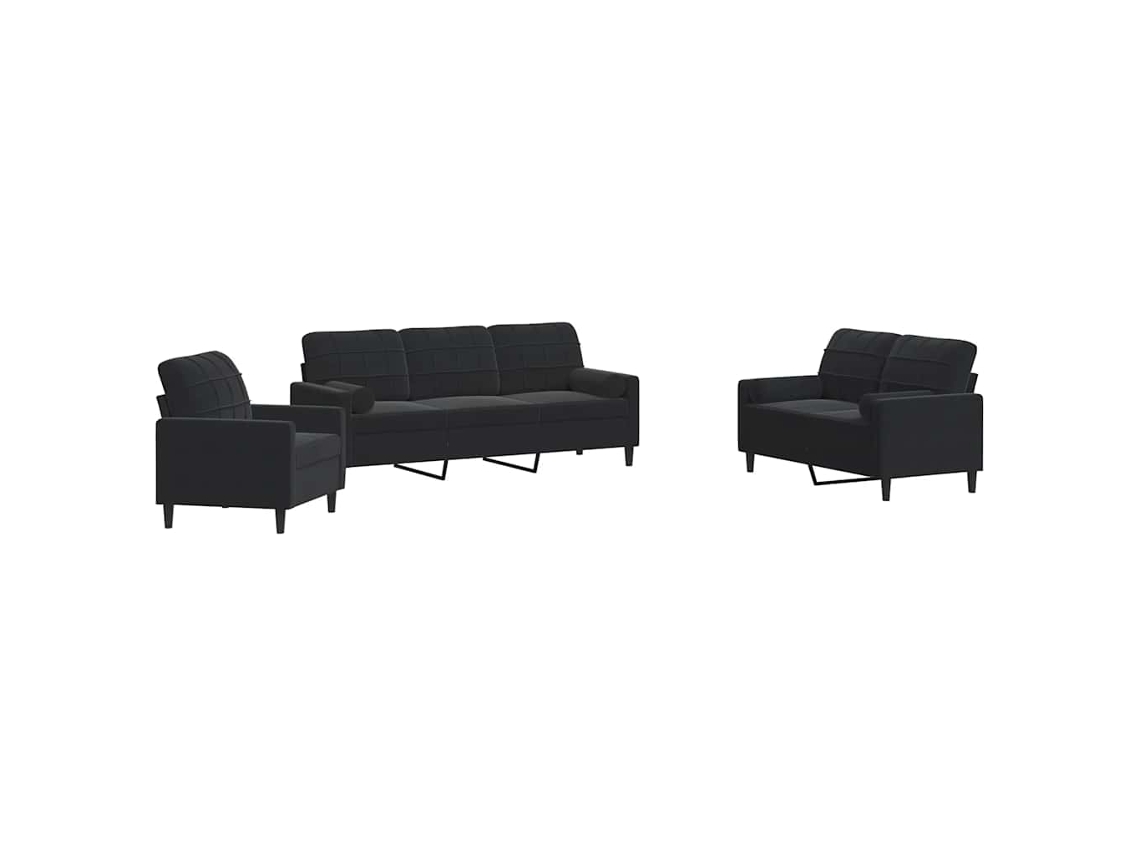 Conjunto de 3 sofás com almofadões e rolos veludo preto MAISON EXCLUSIVE