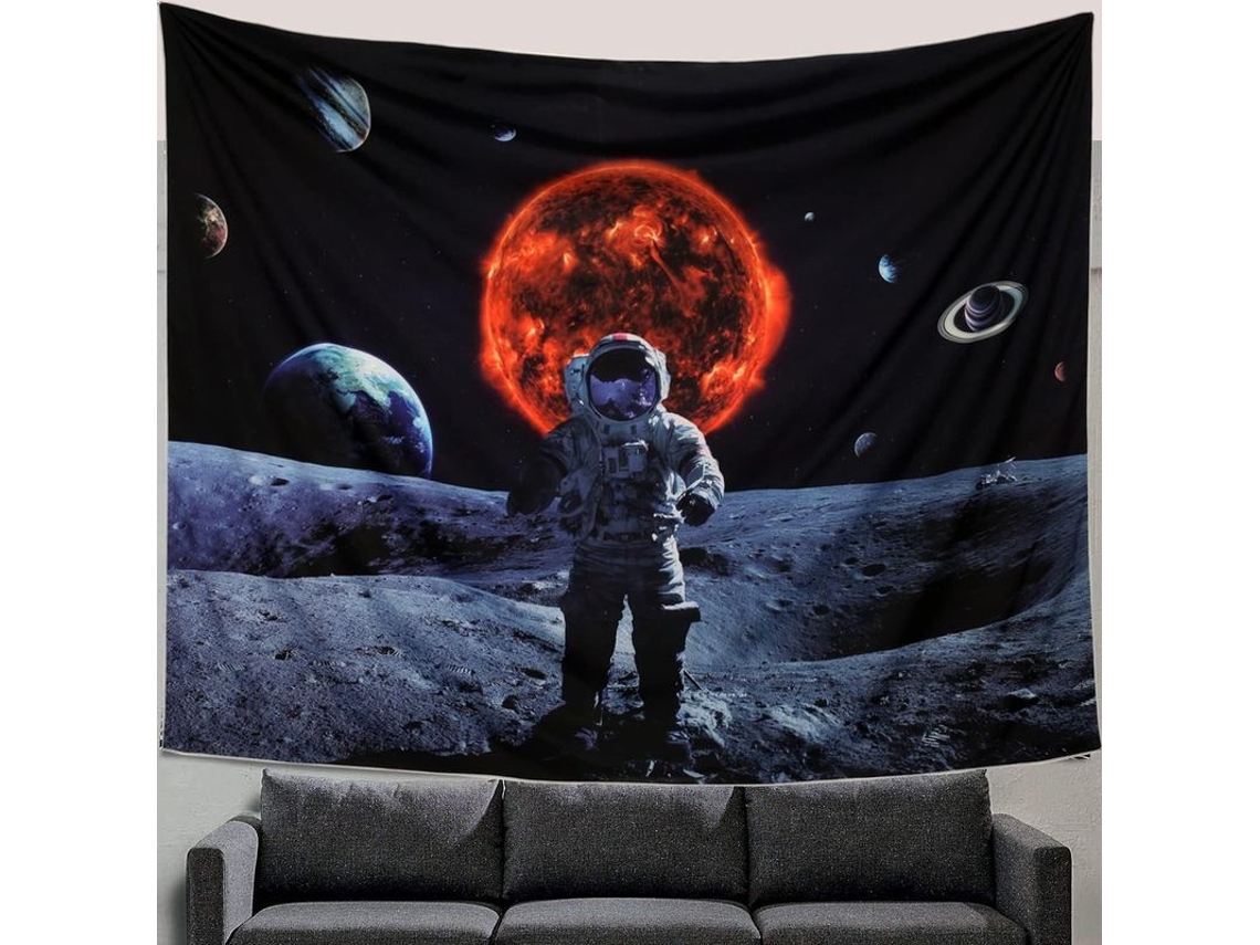 Tapeçaria espacial com astronauta, planetas e galáxia, decoração de parede incrível para casa.