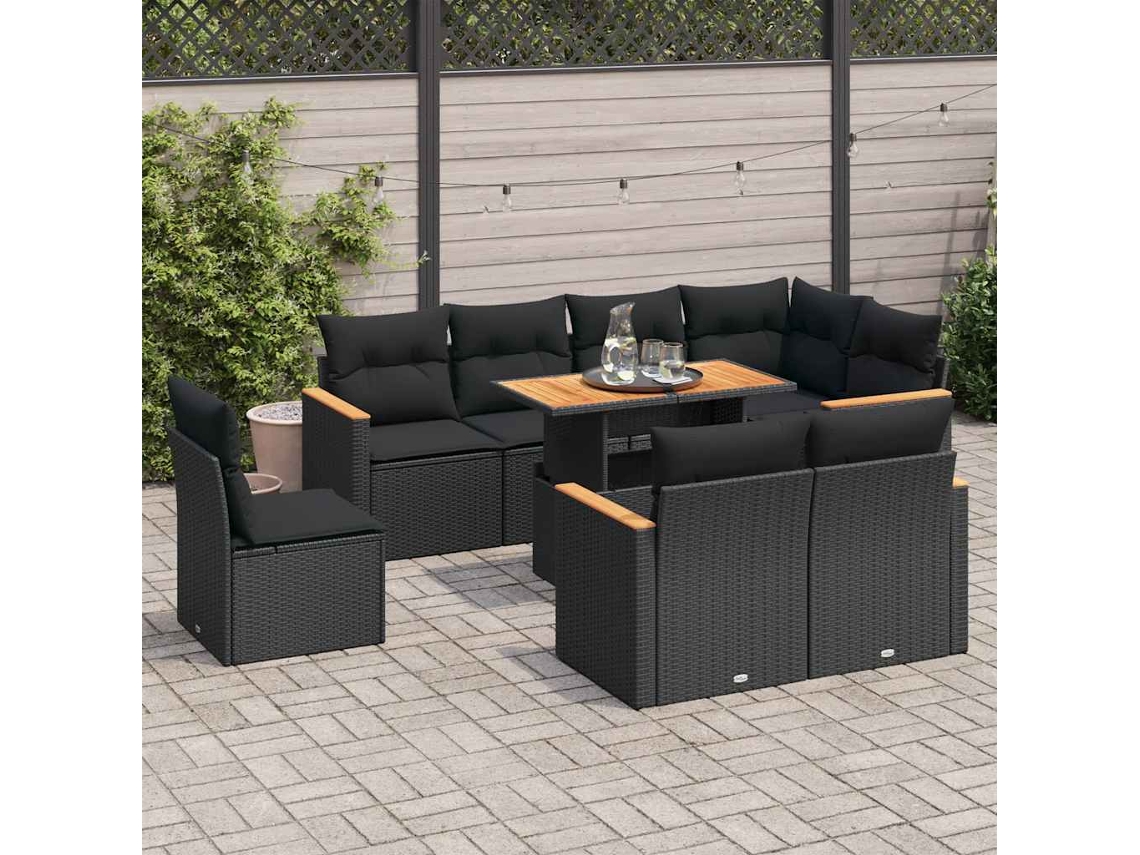 Vidaxl 9 Pcs Conjunto Sofás P/ Jardim Almofadões Vime Pe/acácia Preto