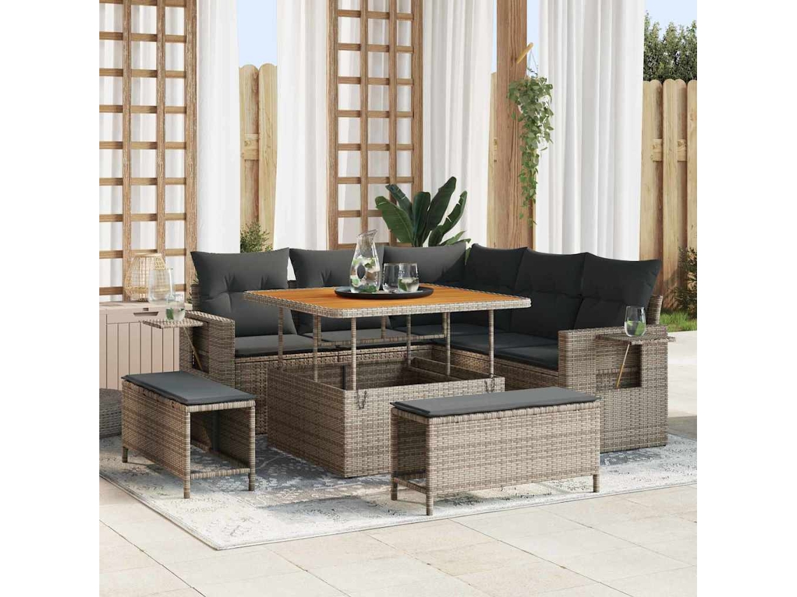 Vidaxl Conjunto De Sofá De Jardim Com Almofada 9 Pcs Cinzeto Vime Pe