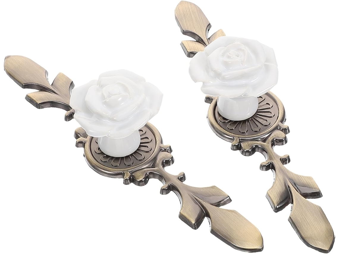 Puxadores De Armário Vintage Em Cerâmica Com Formato Rosa E Placa Cobre, Pacote Com 2 Unidades Para Armários De Cozinha