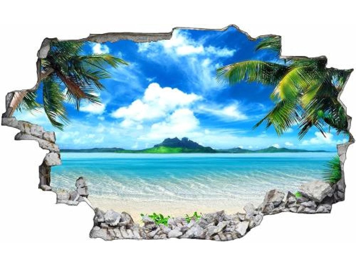 Adesivos de parede Gougeltd, decalques de parede com efeito 3D de tijolos, paisagem marítima de ilha paradisíaca, decoração de parede para quarto infantil, 75x116cm