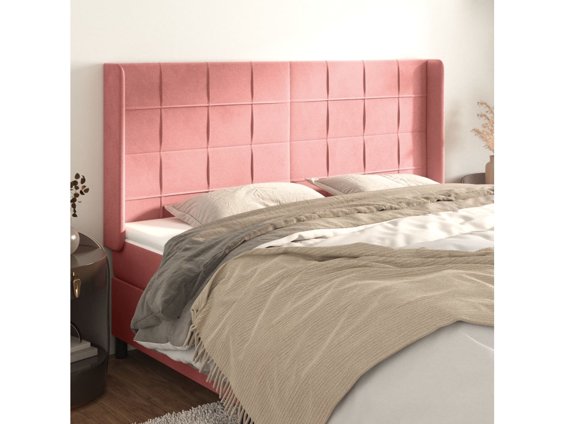 Cabeceira Cama C/ Abas Veludo 183x16x118/128 Cm Rosa