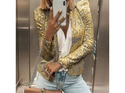 2026 jaqueta Casual para Mulher com Mangas Longas e Strass Brilhantes, Abertura Frontal e Cropped