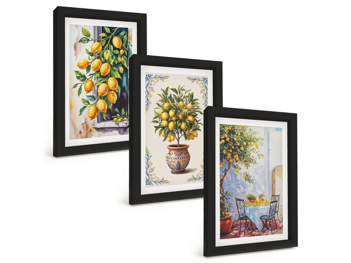Composição De Quadros Na Paredelimoeiros, Frutas E Sol Moldura Preta Quadros Para A Sala De Estar Espelharte (3 Peças 20x30 Cm)