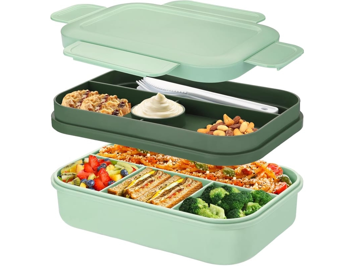 Caixa De Almoço Grande 2000ml Com 8 Compartimentos, Stackable, Inclui Talheres, Verde