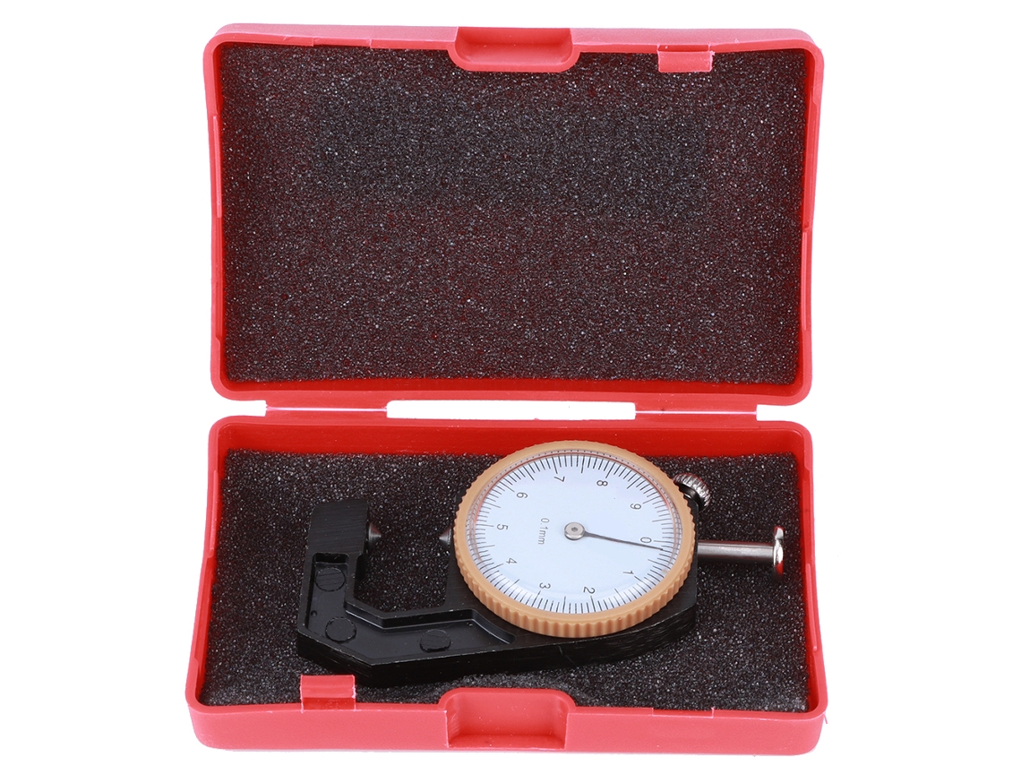 Medidor de espessura portátil preto de precisão para medir joias, couro e madeira, com escala de 0 a 10 mm e ponta cônica.