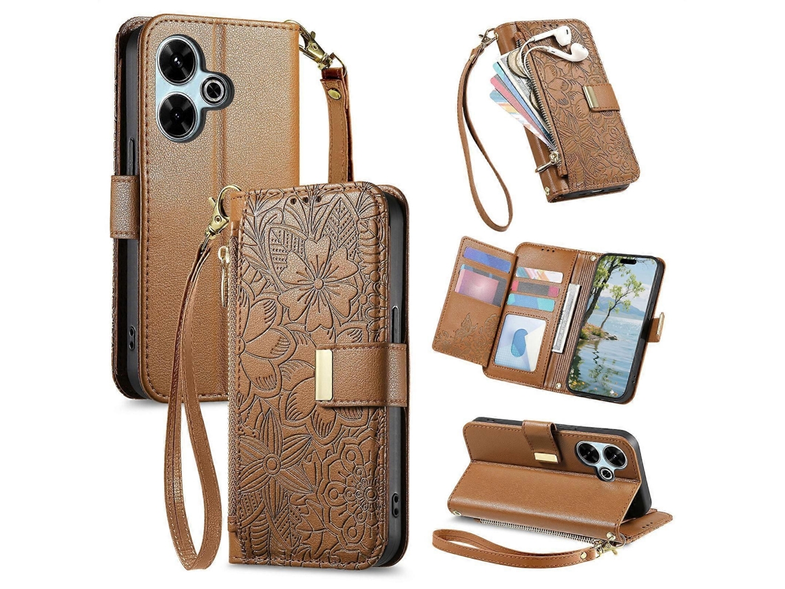 Capa Carteira De Couro Com Zíper, Estampa De Flores E Folhas, Com Alça, Para Celular Redmi 13 4g/5g