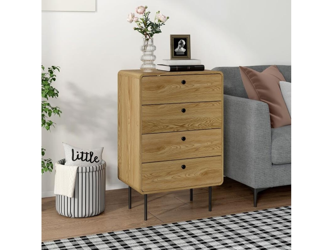 Cómoda 4 Gavetas, Móvel De Arrumação Estreito Com Pés Em Aço, Cantos Arredondados, 60 X 39 X 91,5 Cm, Carvalho