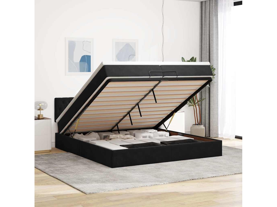 Estrutura De Cama Otomana Com Colchão 200x200 Cm Veludo Preto