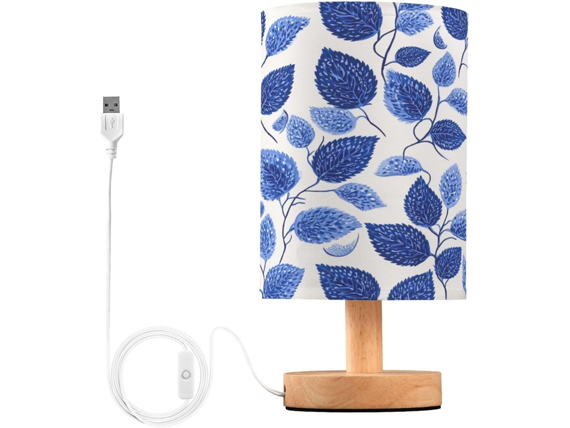 Abajur De Cabeceira Led Com Estampa Folhas Azuis E Brancas, Ideal Para Quarto, Leitura Com Cúpula De Tecido, Base De