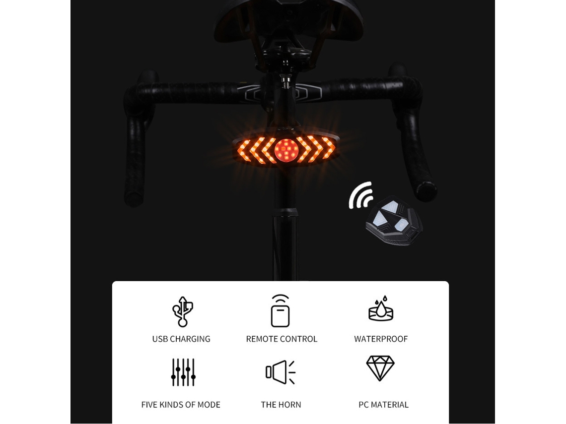 LANTERNA TRASEIRA LED para bicicleta com sinal de virada, modos de luz, buzina e controle remoto (S/MARCA)