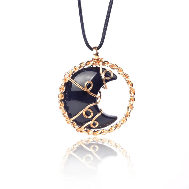 Colar Com Pingente De Lua Envolvente Em Obsidiana Natural, Colar Sagrado Dos Chakras