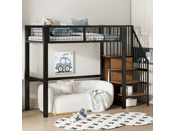 Cama alta metálica de 90x200 cm com escada, prateleira, roupeiro, preta VSOGA