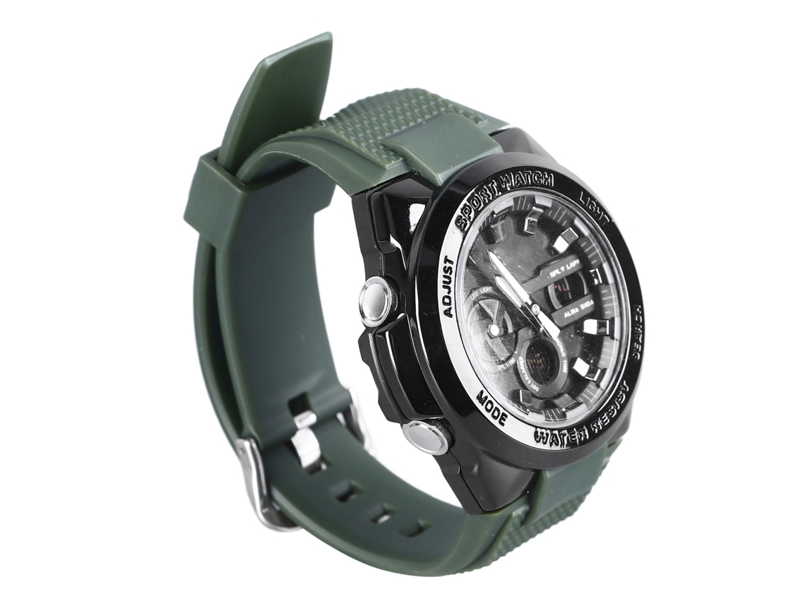 Relógio eletrônico casual masculino de quartzo com movimento duplo, resistente à água e luminoso, cor verde.