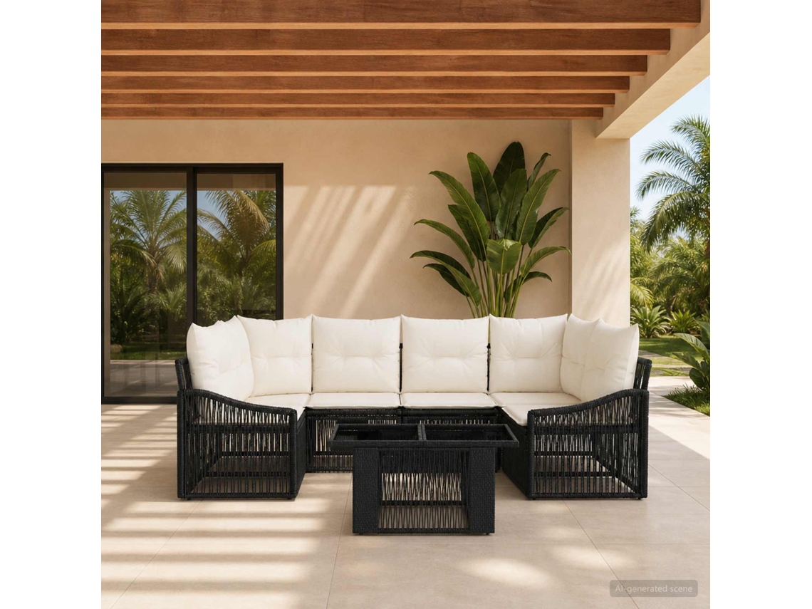 Vidaxl Conjunto De Sofá De Jardim 7 Unid. Preto E Branco Creme Vime Pe