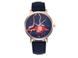 Relógio Feminino de Quartzo com Pulseira de Couro Pu Padrão de Pássaro Azul