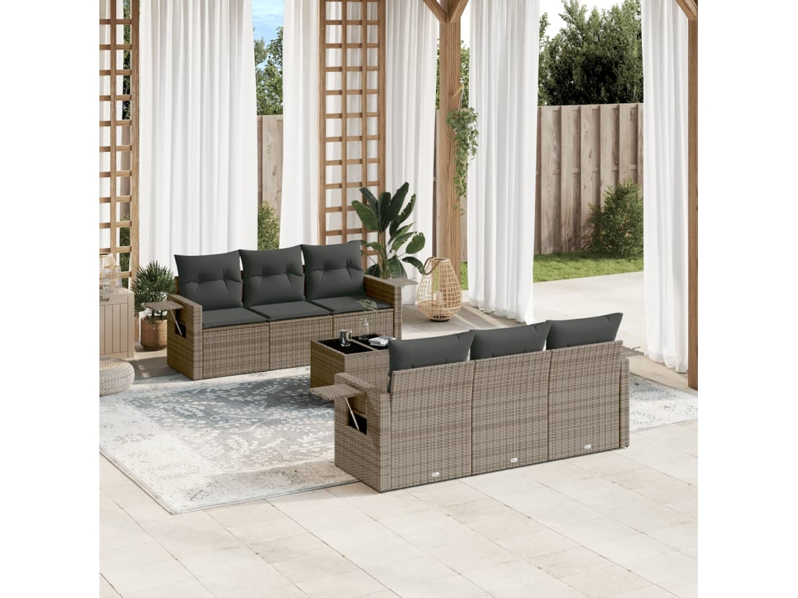 Vidaxl 7 Pcs Conjunto Sofás P/ Jardim C/ Almofadões Vime Pe Cinzento