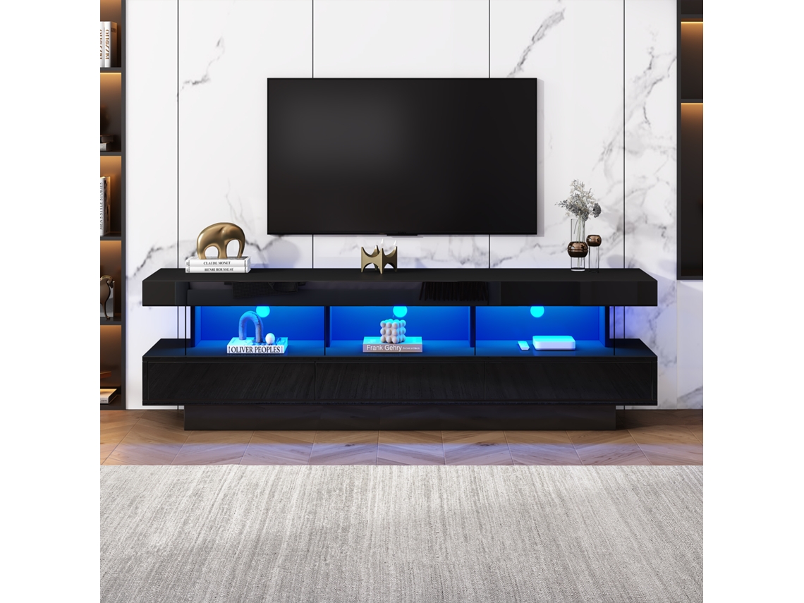 Móvel de TV LED de 160 cm com 3 prateleiras de vidro, controle por aplicativo, adequado para TVs de 70", preto
